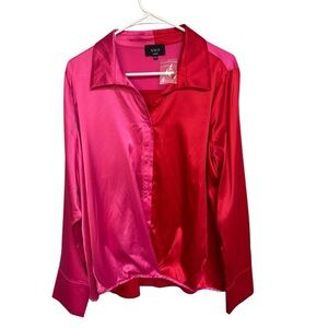 Vici Satin Colorblock Button Down Blouse in Vibrant Pink and Red, Hi-Lo, NWOT, L